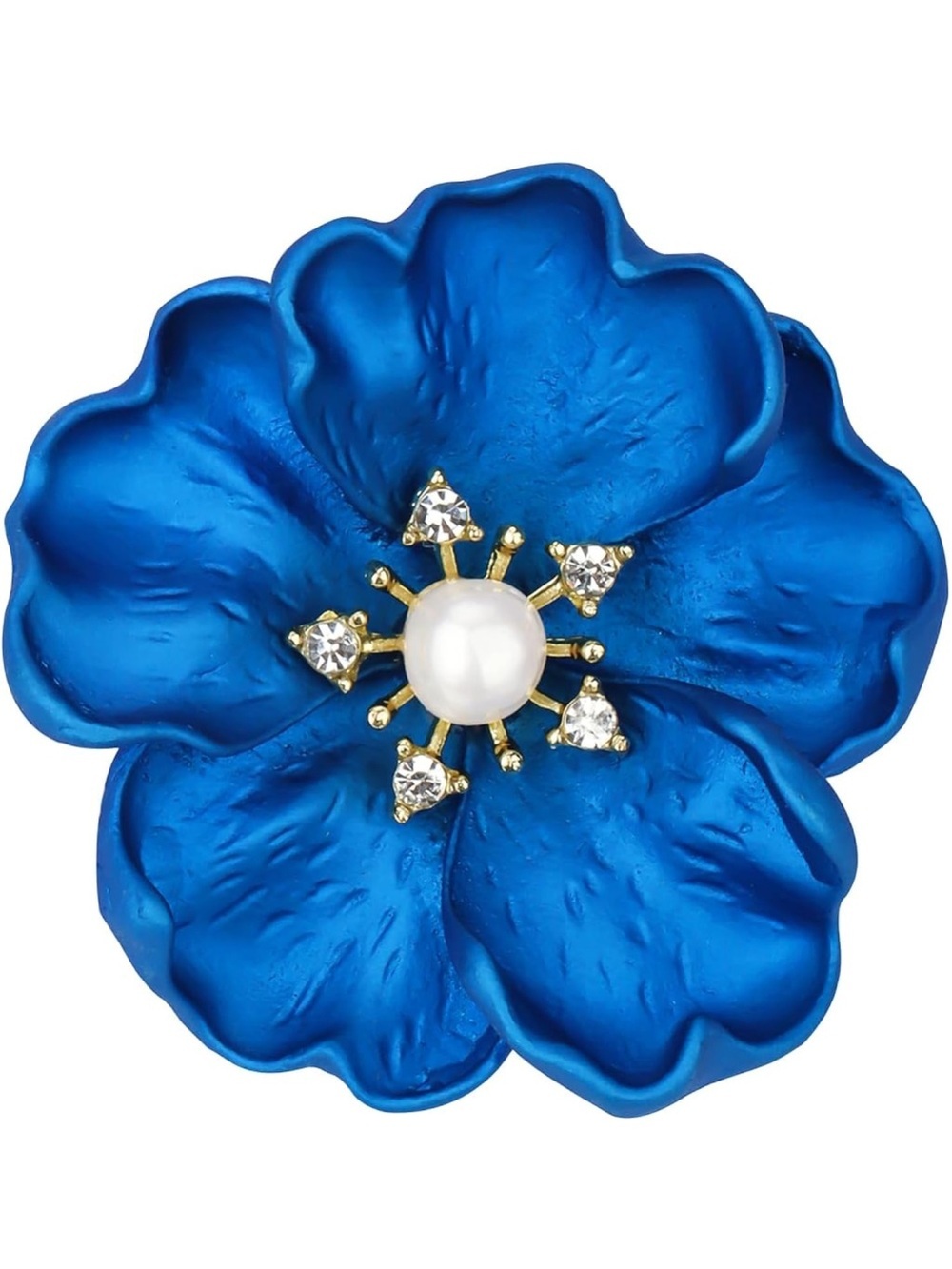 Anthropologie Blue Enamel Flower Brooch with Pearl and Crystals
